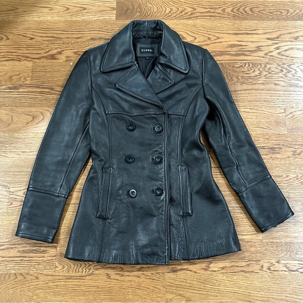 Authentic Guess Y2K Leather Black Coat in Excellent Condition